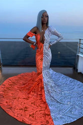 Hermosos vestidos de fiesta de sirena con escote en V, hombros descubiertos, mangas largas, apliques y largo hasta el suelo